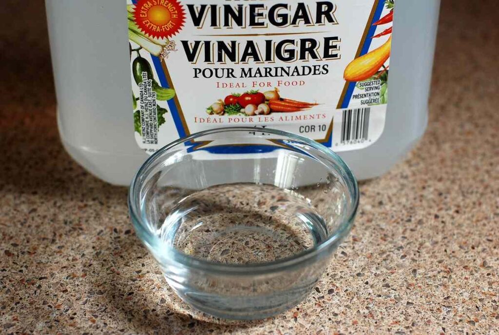 Un verre d'eau devant un grand flacon de vinaigre sur un plan de travail